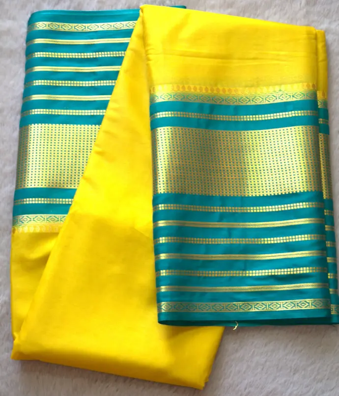 Sunshine Yellow & Teal Blue Soft Silk Saree with Zari Stripes