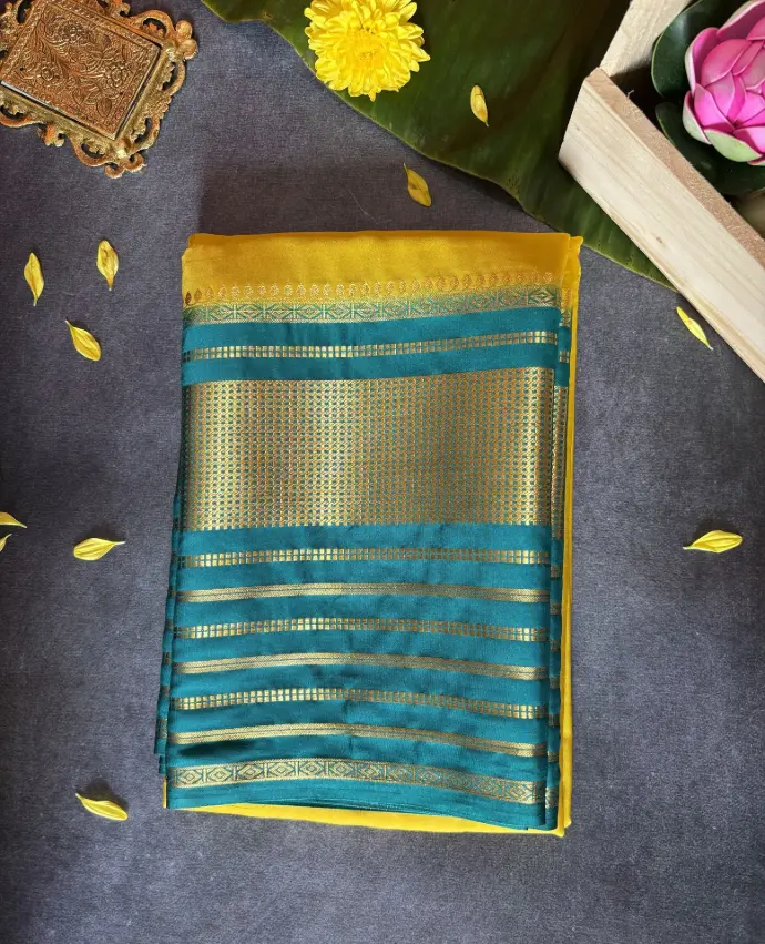 Sunshine Yellow & Teal Blue Soft Silk Saree with Zari Stripes