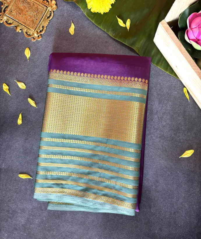 Royal Purple & Sea Green Crepe Silk Saree with Golden Zari Weaving