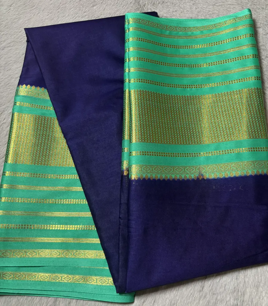Royal Blue & Sea Green Crepe Silk Saree with Golden Zari Weaving