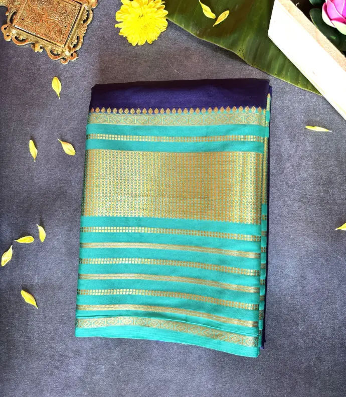 Royal Blue & Sea Green Crepe Silk Saree with Golden Zari Weaving