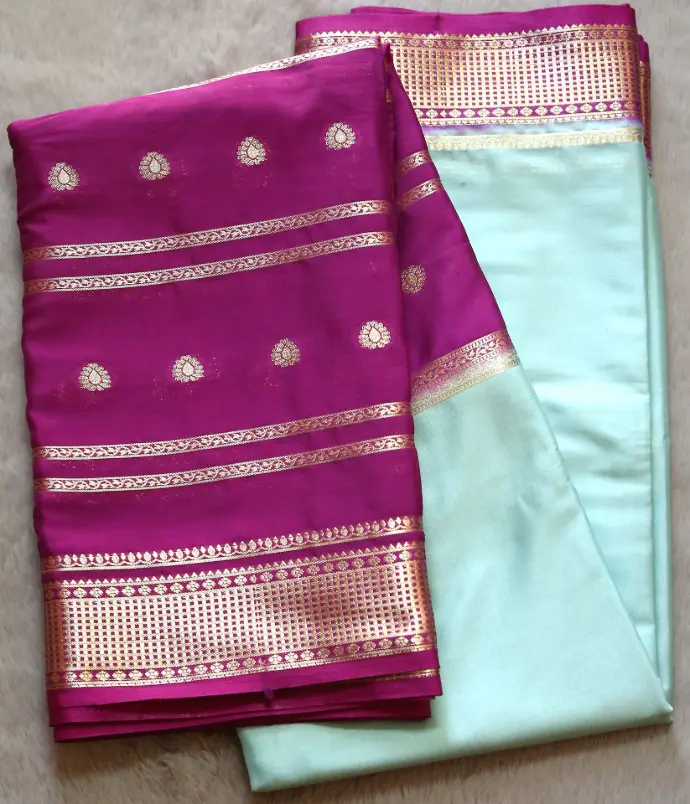 Teal Blue & Violet Half N Half Crepe Silk Saree with Golden Zari Design