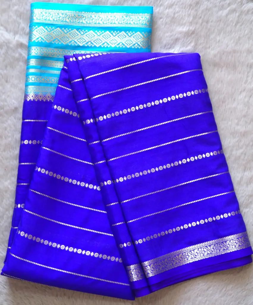 Royal Blue Silk Saree with Sky Blue Zari Border