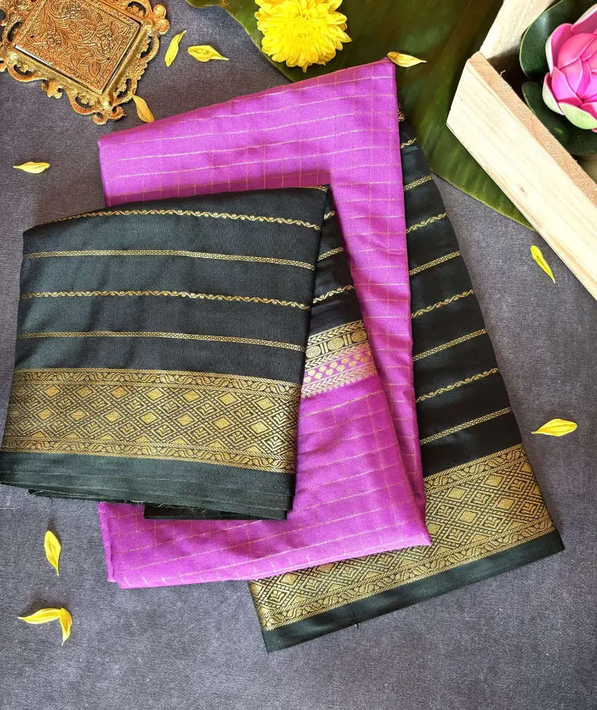 Bottel Green and Purple Crepe Silk Saree with Rich Golden Zari Work