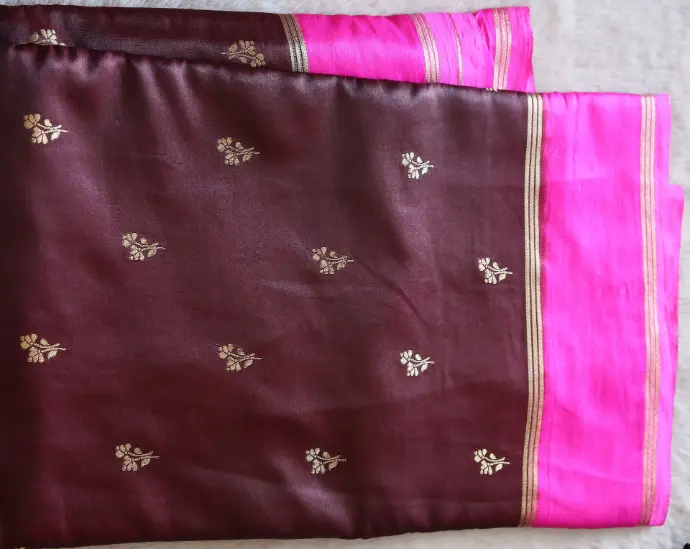 Combination of deep chocolate brown and vibrant magenta pink Gaji silk Saree