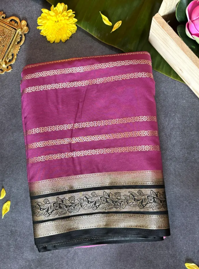 Royal purple silk saree with Black and gold zari woven stripes