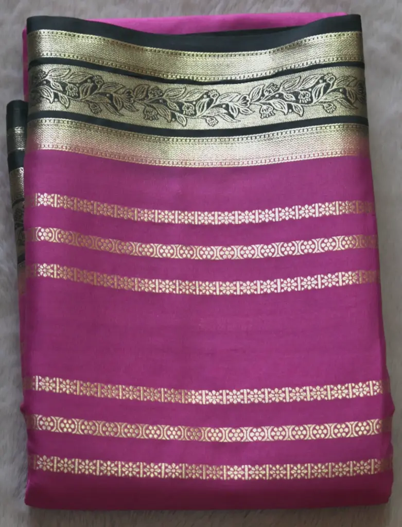 Royal purple silk saree with Black and gold zari woven stripes