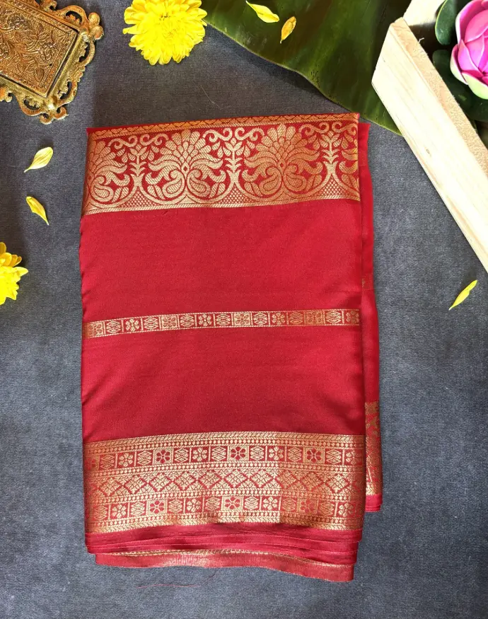 Red Crepe silk saree with Golden Zari work