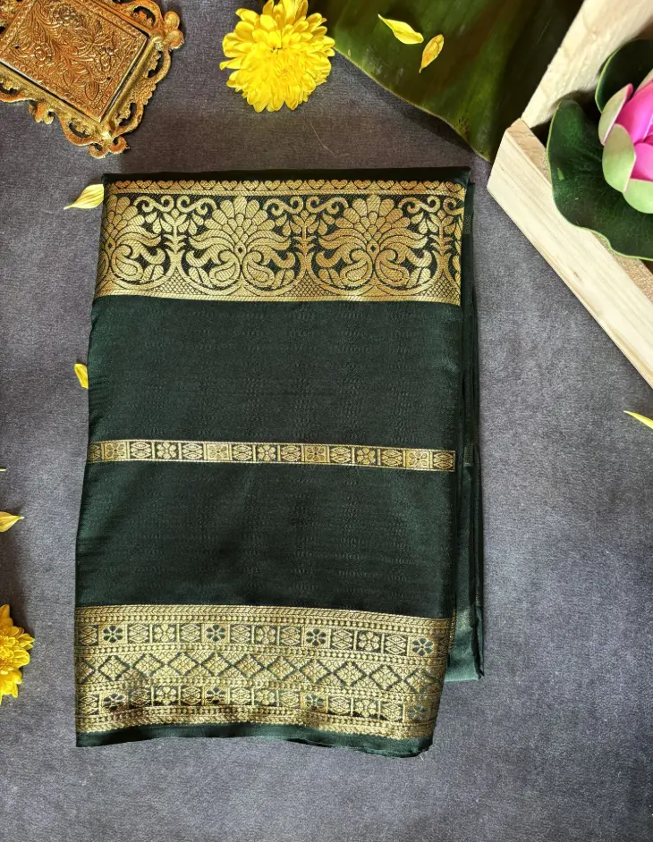 Green Crepe silk saree with Golden Zari work
