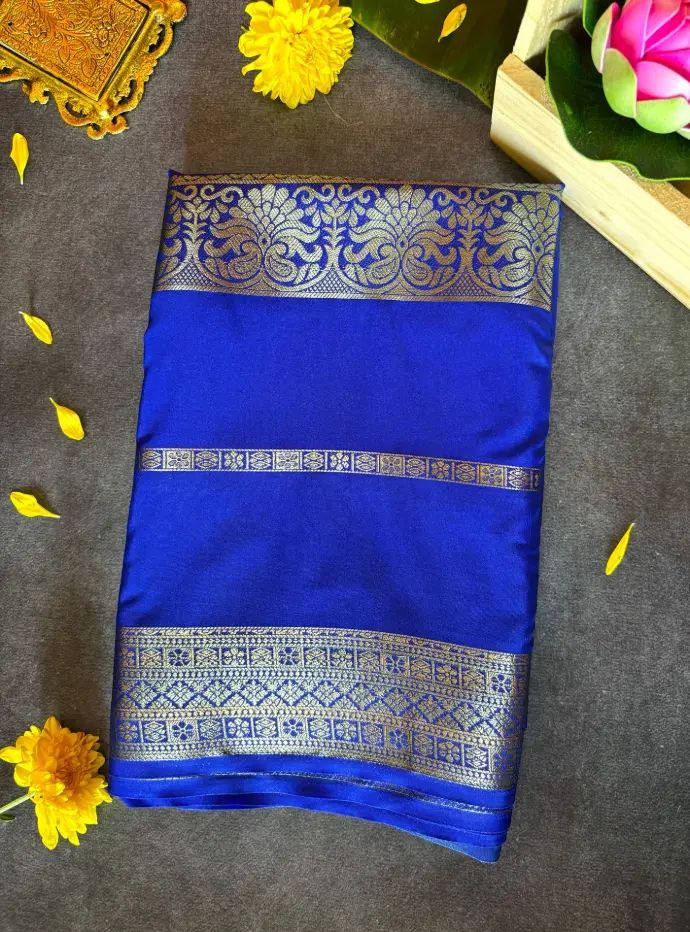 Ryal blue Crepe silk saree with Golden Zari work