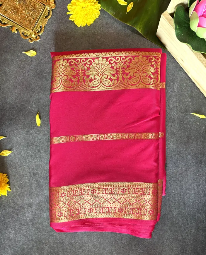 Rani Pink Crepe silk saree with Golden Zari work