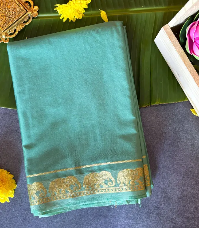 Emerald Green with Golden Border semi Crepe silk saree