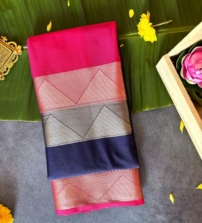 Royal Blue and Pink Dual tone Half N half semi Crepe Silk Saree 