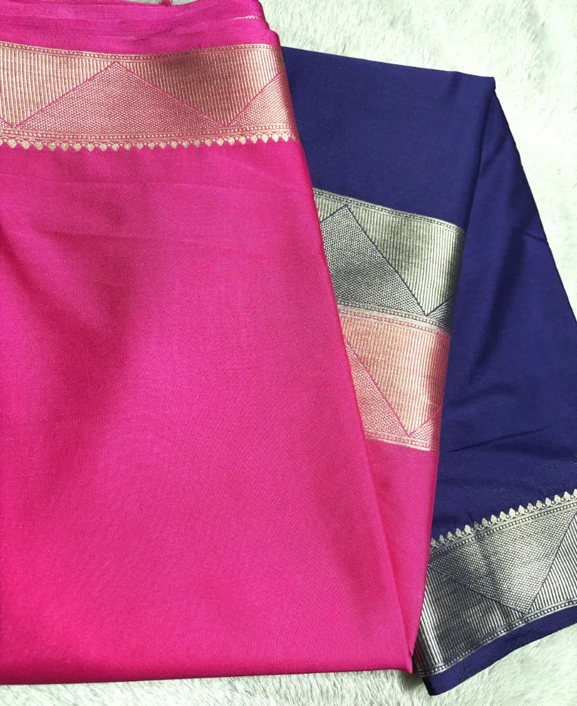 Royal Blue and Pink Dual tone Half N half semi Crepe Silk Saree 