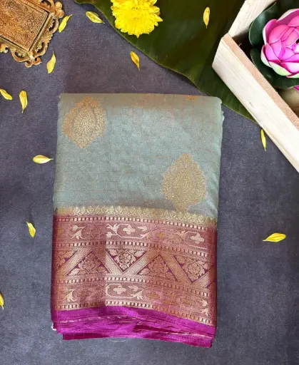 [E-COM03] Mint green and magenta color georgette Saree with glod Zari work 