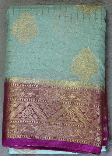 [E-COM03] Mint green and magenta color georgette Saree with glod Zari work 