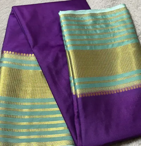 [E-COM08] Royal Purple & Sea Green Crepe Silk Saree with Golden Zari Weaving