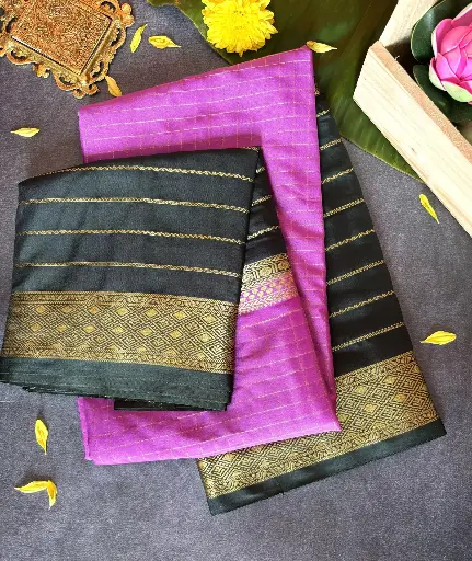 [E-COM10] Bottel Green and Purple Crepe Silk Saree with Rich Golden Zari Work