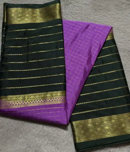 [E-COM10] Bottel Green and Purple Crepe Silk Saree with Rich Golden Zari Work