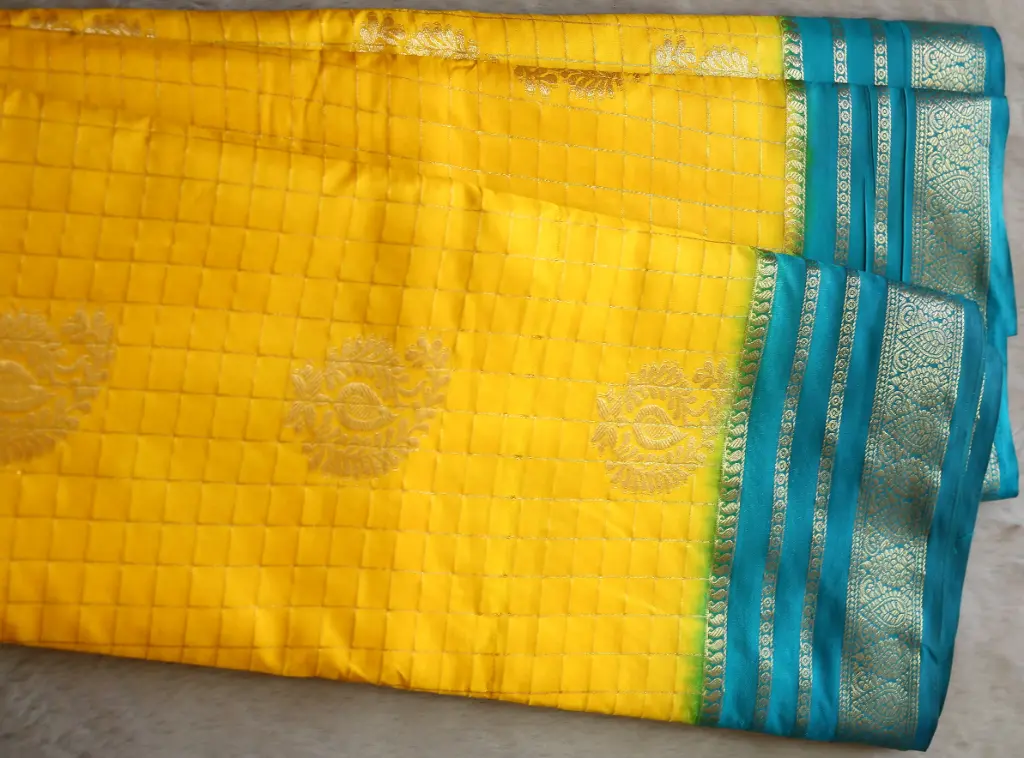 [E-COM09] Peacock Blue and Bright Yellow Georgette Saree