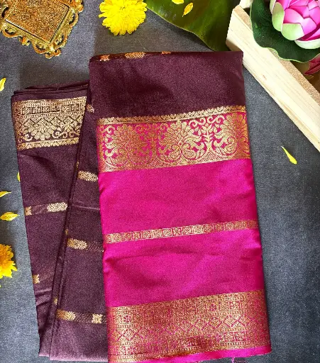 [E-COM23] Dual-tone Crepe silk saree featuring a chocolate brown and pink combination