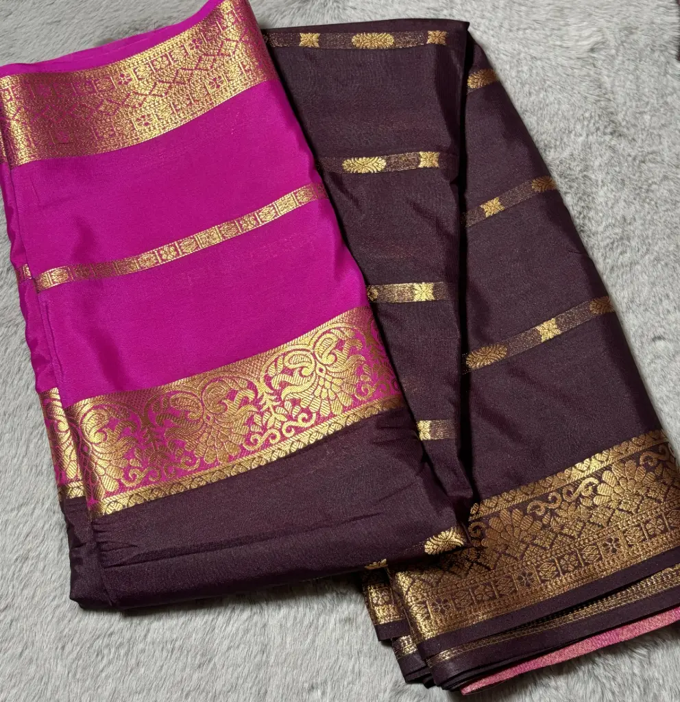[E-COM23] Dual-tone Crepe silk saree featuring a chocolate brown and pink combination