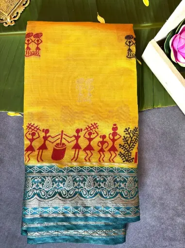 [E-COM036] Vibrant Mustard Yellow Warli Art Cotton Saree