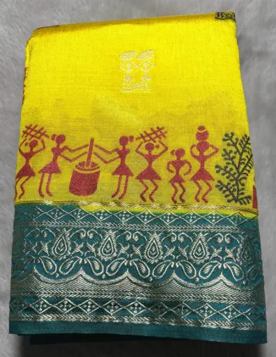 [E-COM036] Vibrant Mustard Yellow Warli Art Cotton Saree